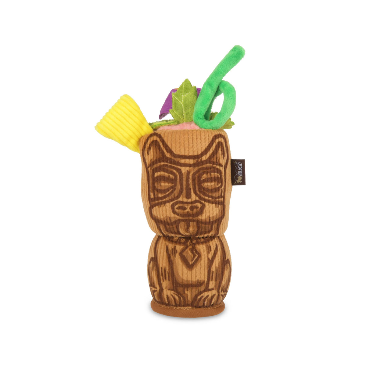 Tiki mug-shaped plush toy with a colorful top on a white background