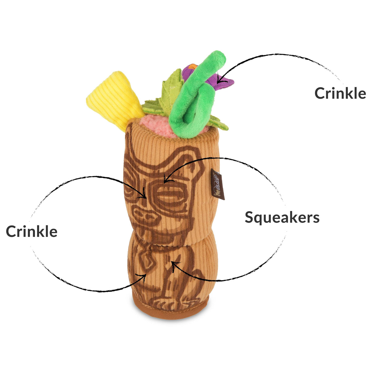 dog toy with tiki design, crinkle elements, and squeakers labeled on a white background.