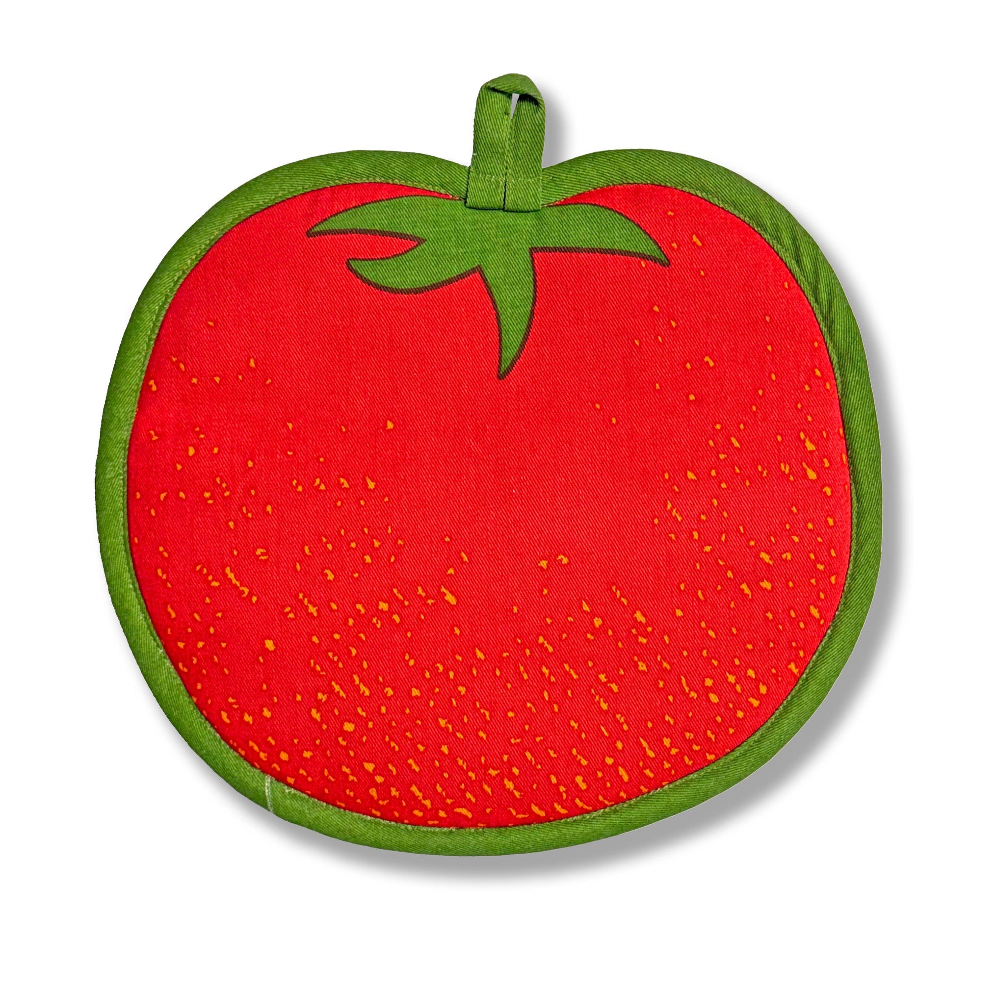 Back side of tomato pot holder. red tomato with green border
