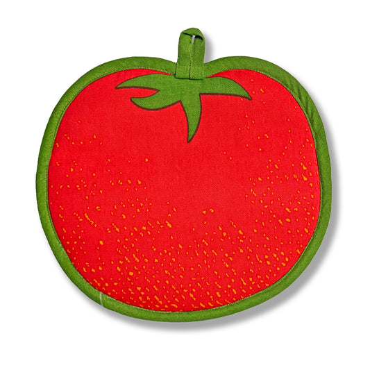 Back side of tomato pot holder. red tomato with green border