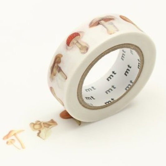 Photo of decorative washi tape partially unrolled, featuring image of different wild mushrooms side by side on white background.