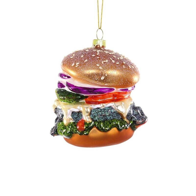 Burger ornament that is stacked with all the fixings.