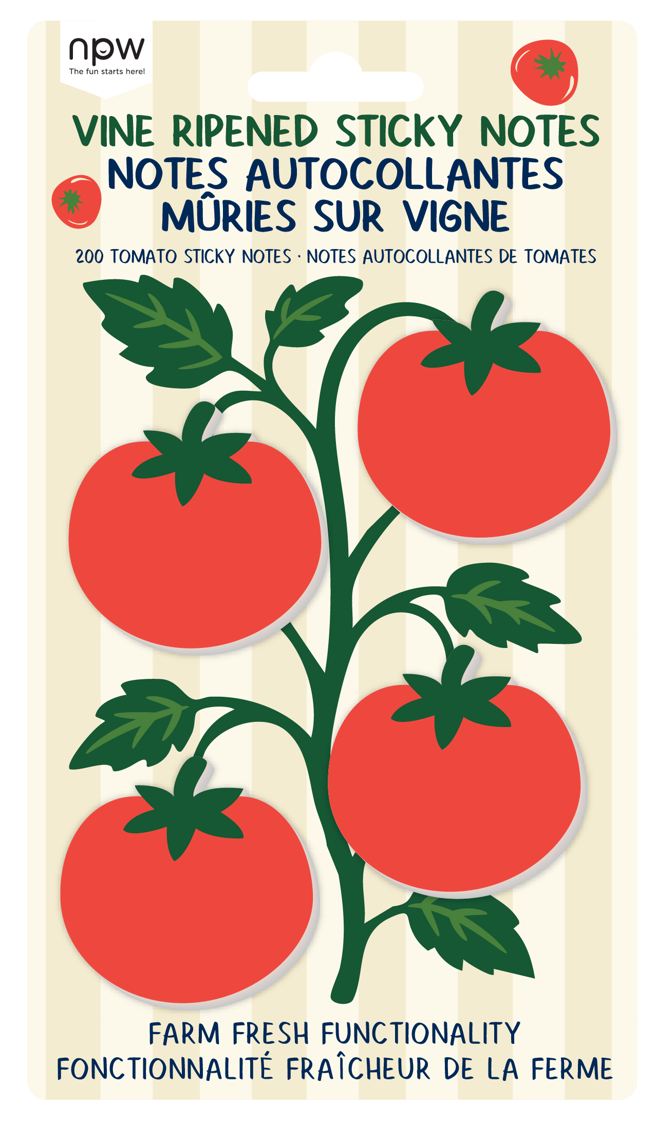Vine ripened sticky notes packaging with tomato design and 'npw' branding.