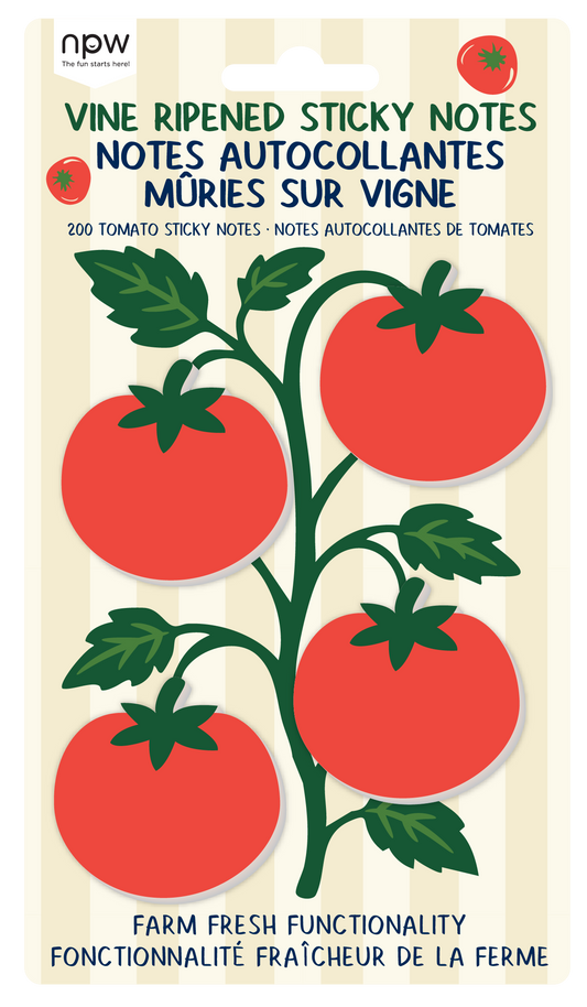 Vine ripened sticky notes packaging with tomato design and 'npw' branding.