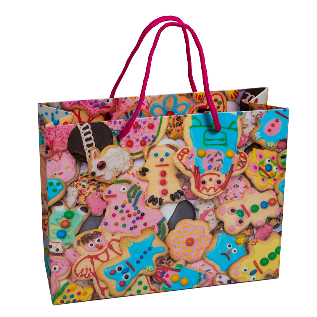 Colorful gift bag with cartoon cookie design on a white background