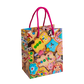 Colorful gift bag with cartoon character design on a white background