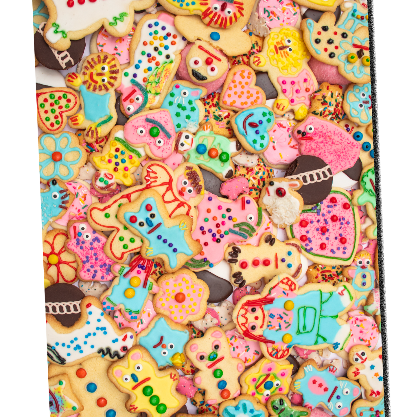 A full sheet of weird cookies gift wrap sheet. Sheet is literally a bunch of different sugar cookies handmade with different sugar frosting.