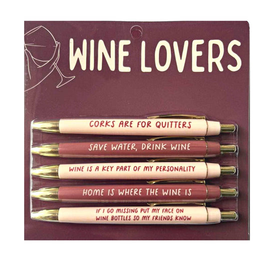 Set of pens with humorous wine-themed sayings on a maroon background with 'Wine Lovers' text.
