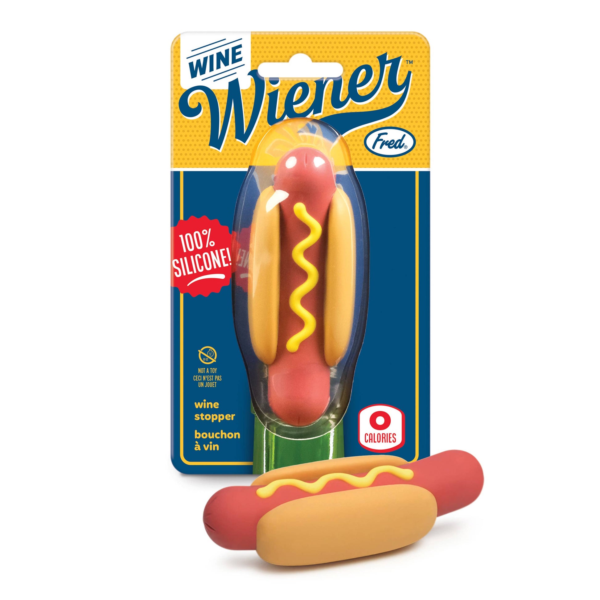 Wine wiener. A hot dog wine stopper. Shows the wine weiner as well as one in it's retail packaging. 