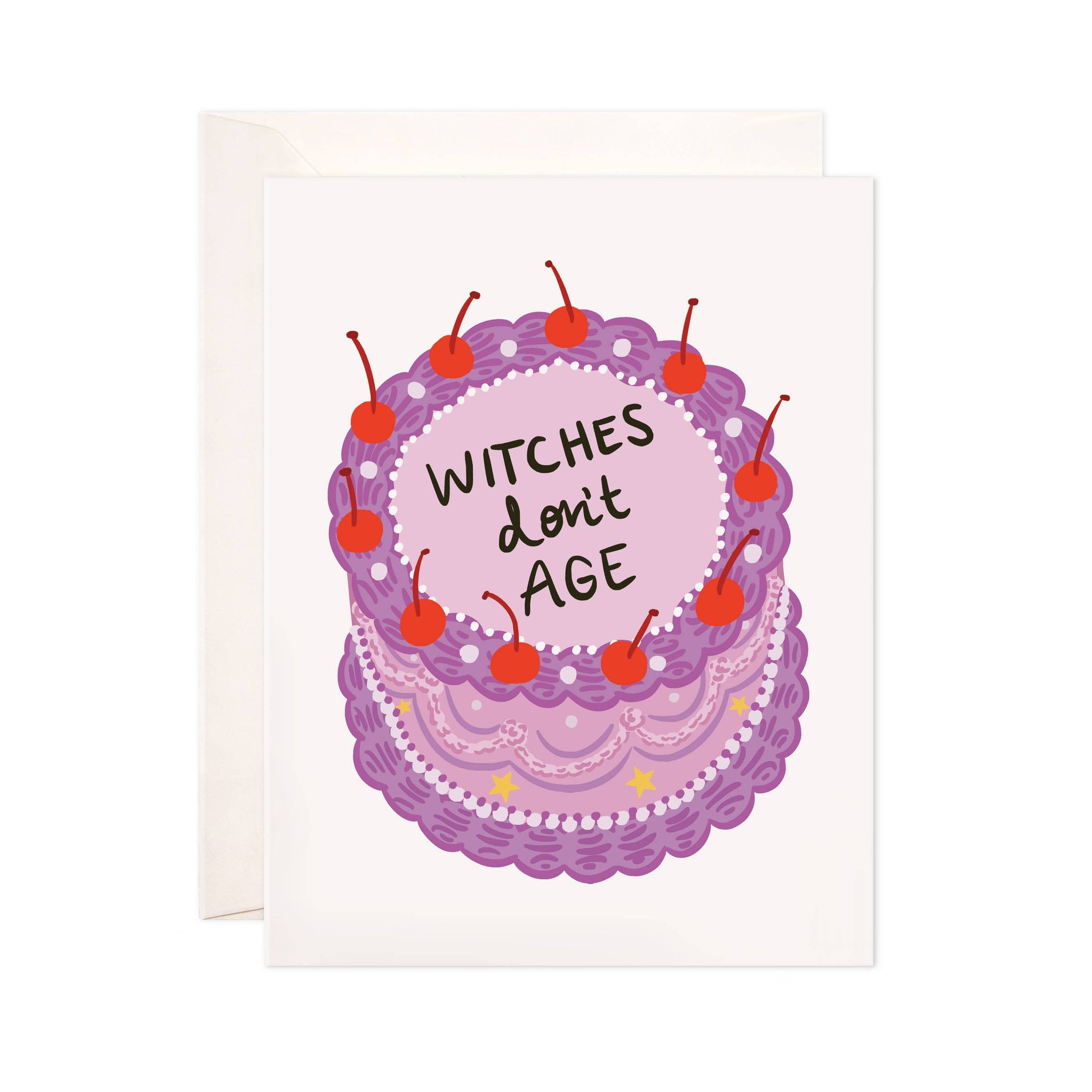 Greeting card with a purple cake illustration and 'Witches don't age' text on a white background