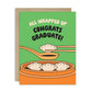 Graduation card with dumplings and text 'All wrapped up congrats graduate!' on a green background.