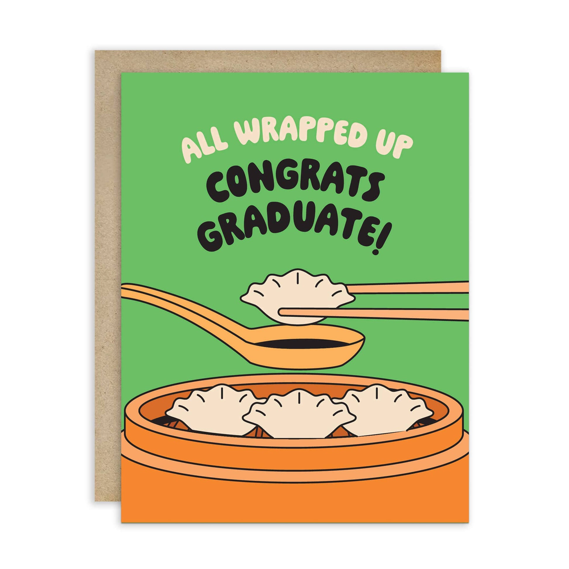 Graduation card with dumplings and text 'All wrapped up congrats graduate!' on a green background.