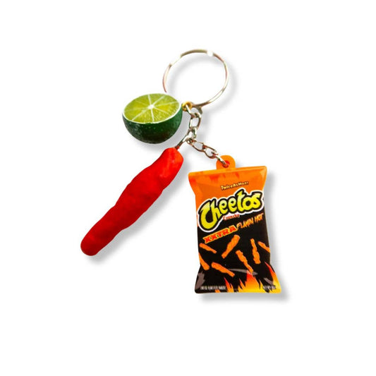 Keychain featuring a sliced lime, single hot cheeto and a bag of hot cheetos on a keyring.