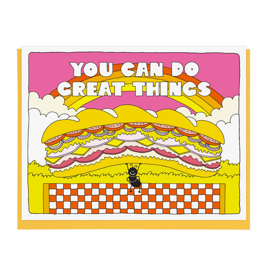 encouragement card featuring artwork of an ant lifting up a giant sub sandwich above it's head 