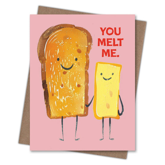Card with cartoon bread and butter characters and 'You Melt Me' text on a pink background