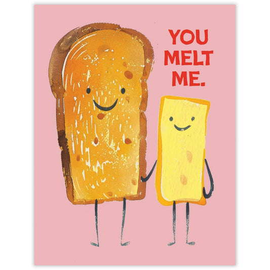 Cartoon illustration of a slice of bread and a stick of butter with legs and arms on a pink background, featuring the text 'You Melt Me'.