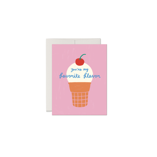 A pink greeting card featuring an ice cream cone illustration with a cherry and the phrase 'you're my favorite flavor' in blue script, shown with a white envelope behind it on a white background.