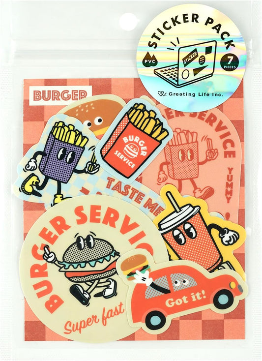 Sticker pack with cartoon illustrations of a burger, fries, and soda. Clear ziplock packaging.