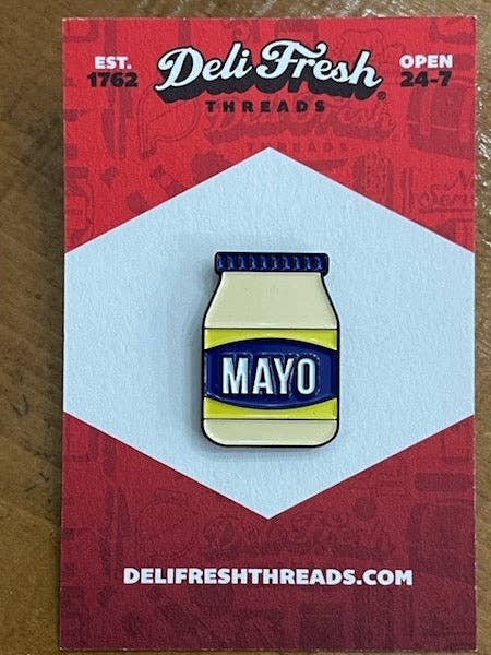 Mayo jar lapel pin on a card backing that says Deli Fresh Threads.
