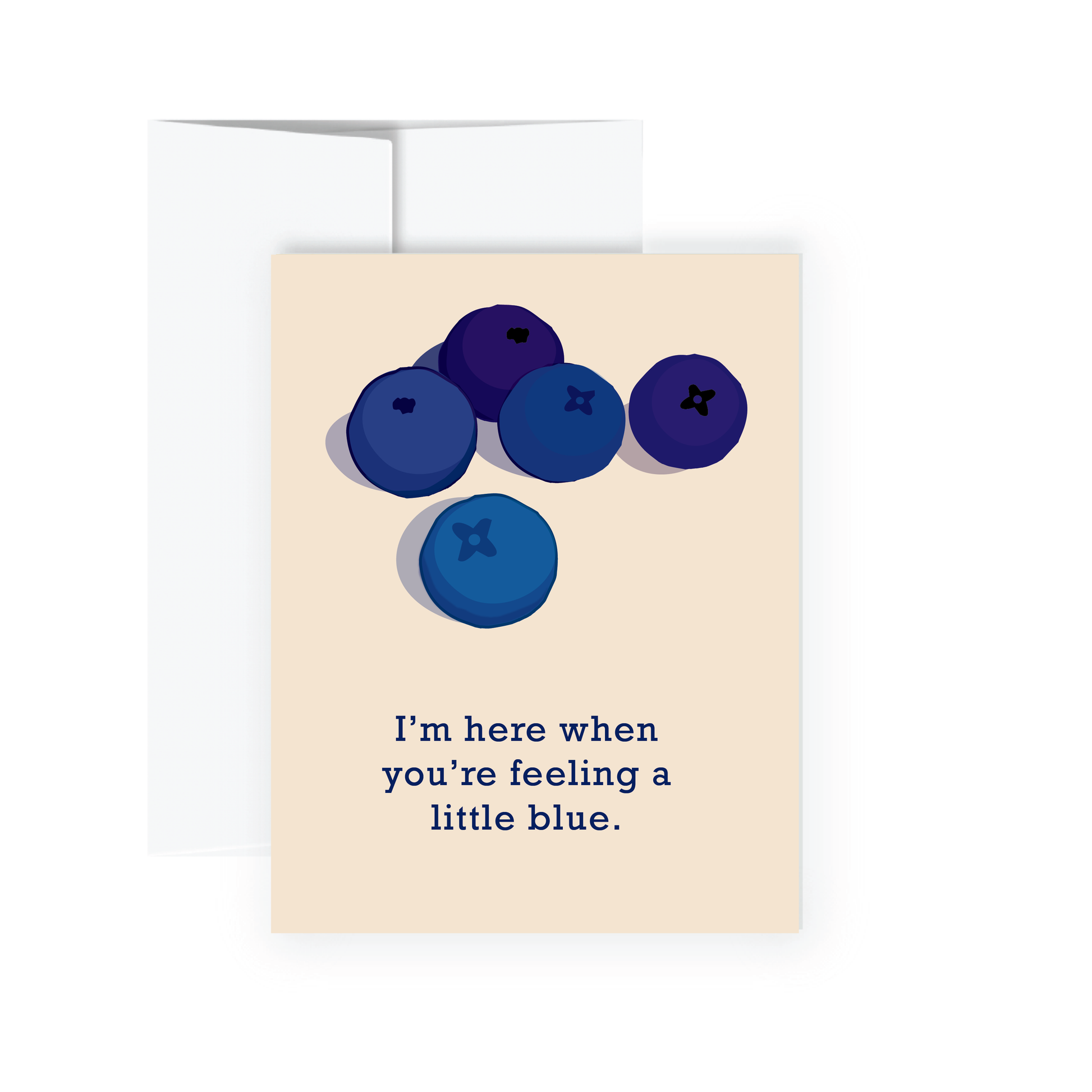 Card with blueberries and text 'I'm here when you're feeling a little blue' on a beige background