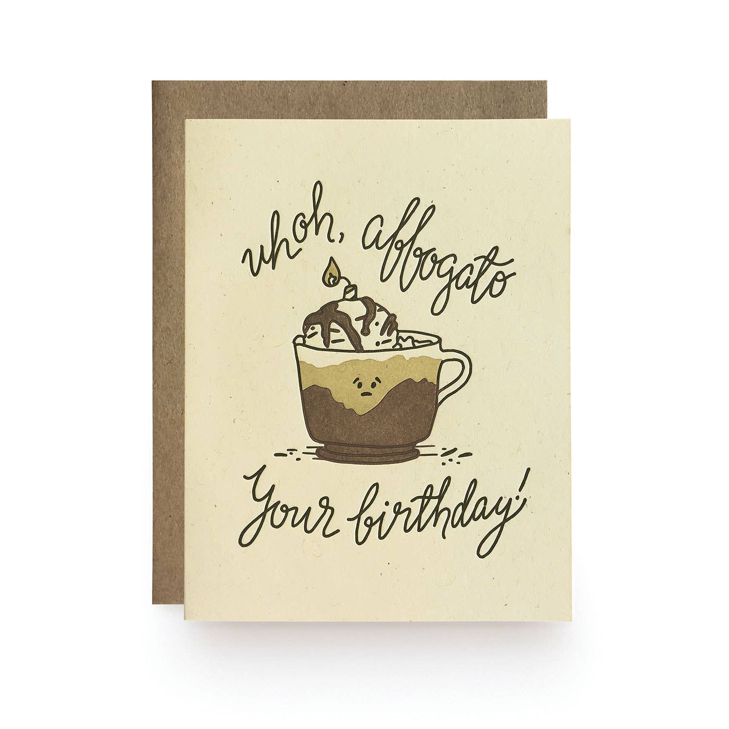 Greeting card with an affogato illustration and text on a beige background