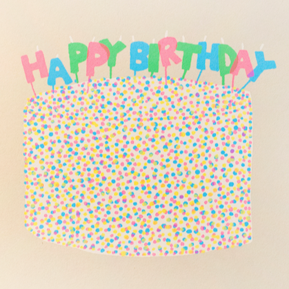 greeting card with a cake covered in round confetti sprinkles and candles on top that read "HAPPY BIRTHDAY" 