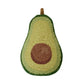 Avocado-shaped accent pillow with green skin and flesh and brown pit on a white background
