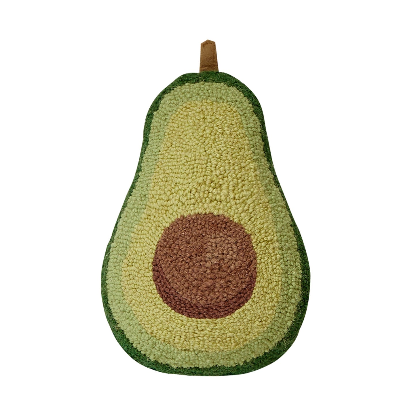 Avocado-shaped accent pillow with green skin and flesh and brown pit on a white background