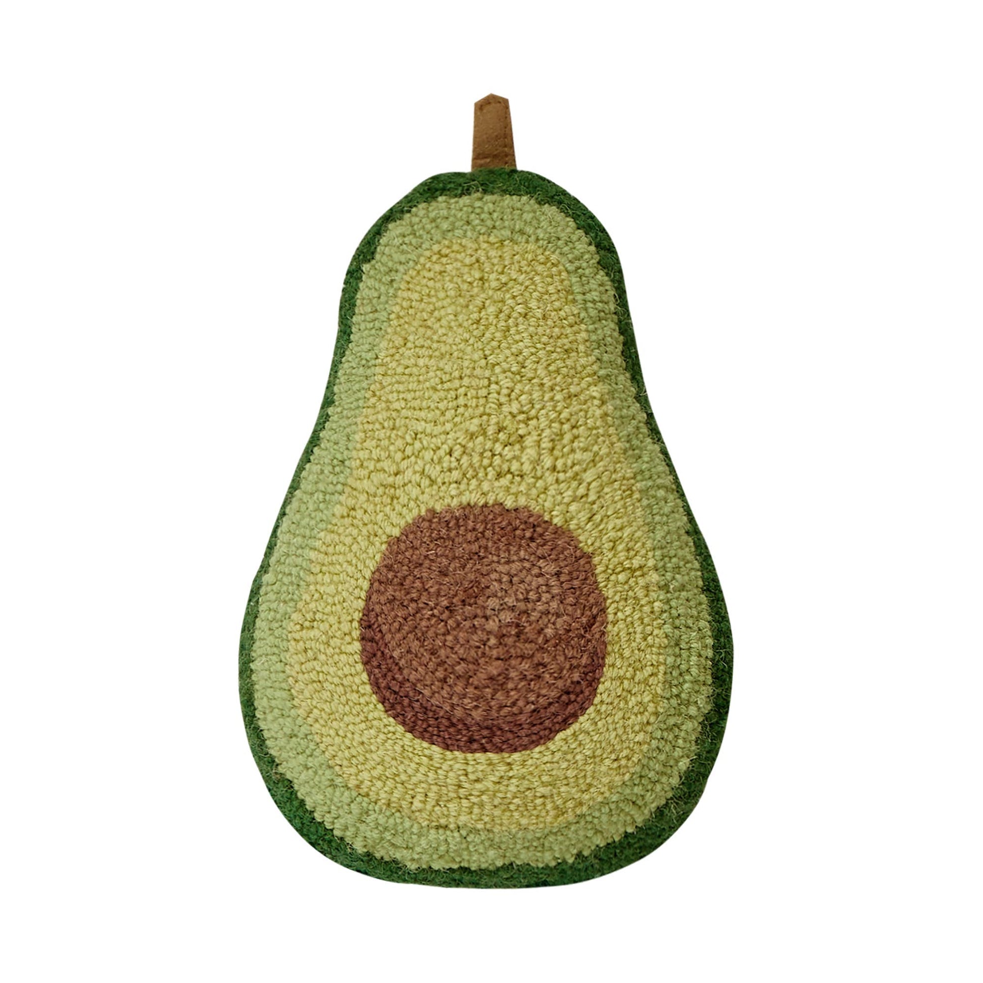 Avocado-shaped accent pillow with green skin and flesh and brown pit on a white background