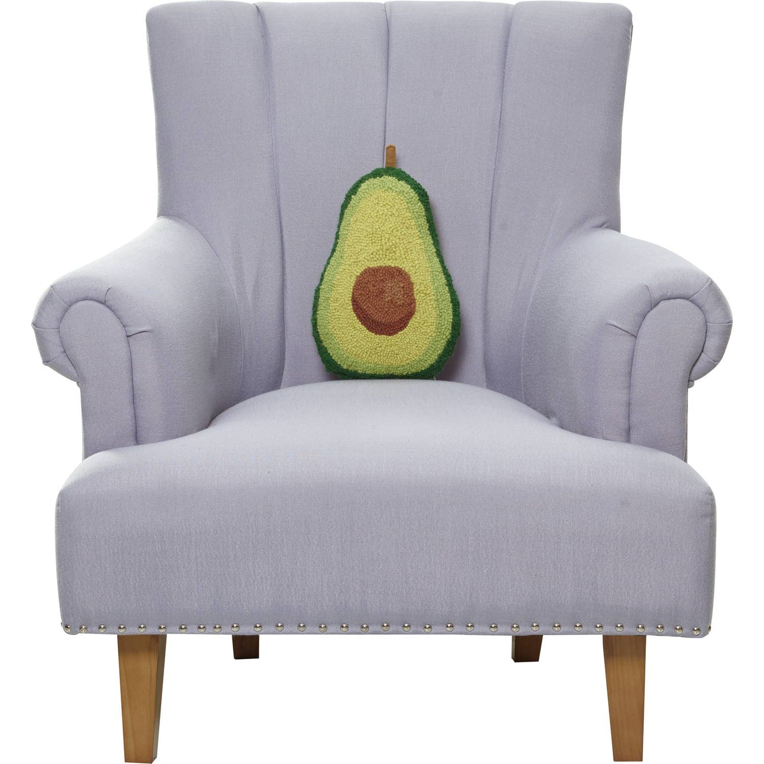 Gray armchair with an avocado-shaped pillow on a white background