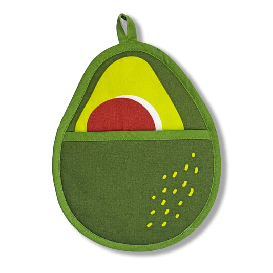 Avocado-shaped pot holder with green skin, yellow flesh, and red pit on a white background