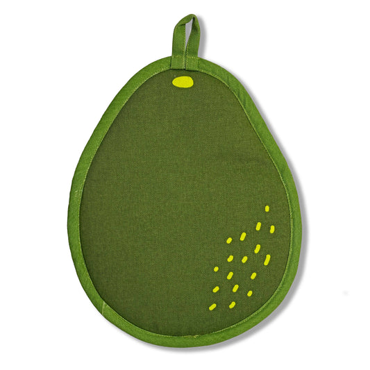 Green pot holder with yellow accents on a white background