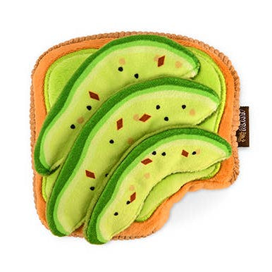Avocado toast-shaped plush dog toy on a white background