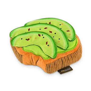 Avocado toast-shaped plush dog toy on a white background