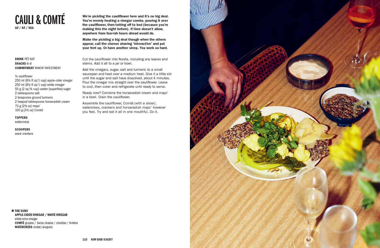Cookbook page for "Cauli & Comte" with a dish of food on a table, accompanied by wine glasses and a glass of water.