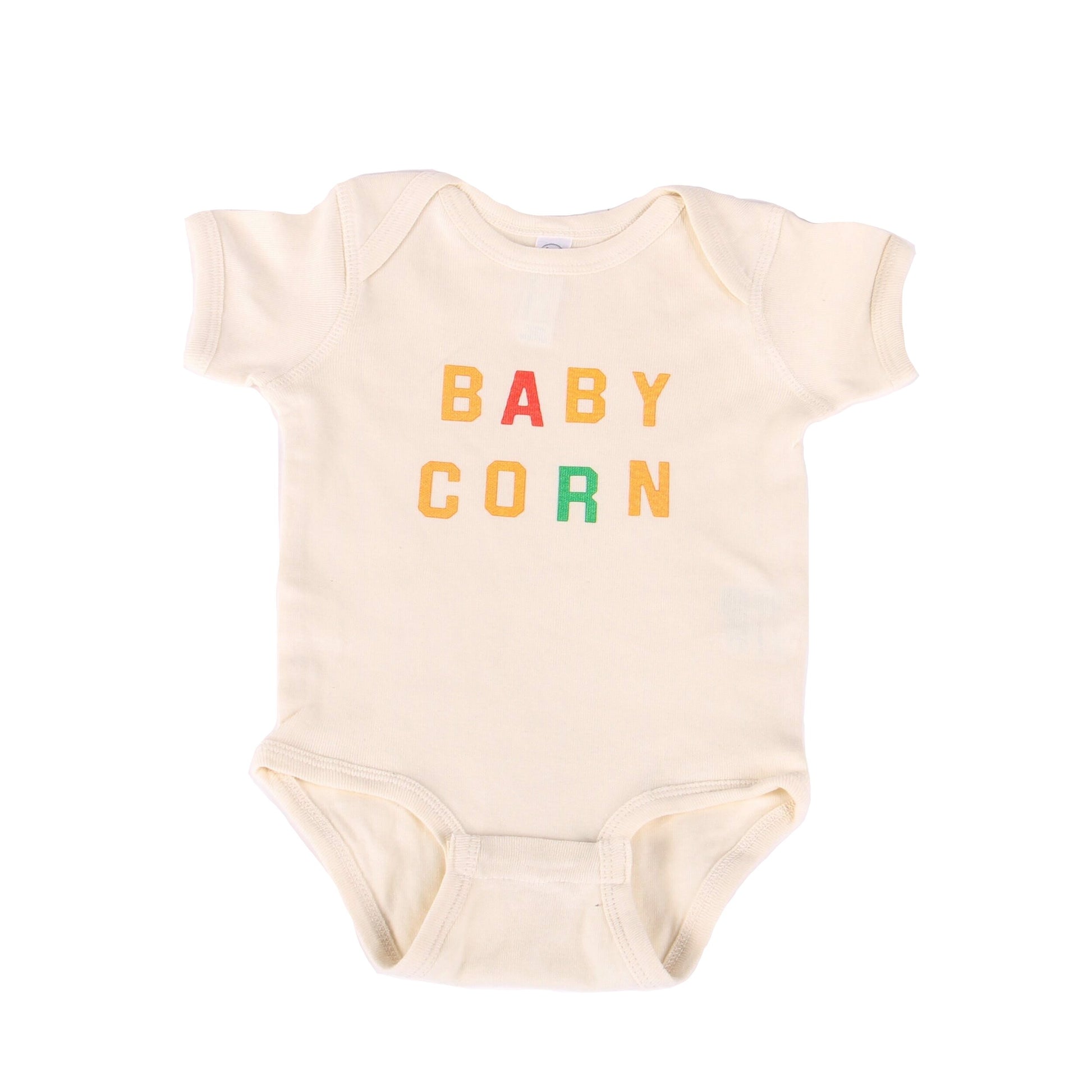 Baby onesie that reads "Baby Corn". Comes in 3 sizes -- 6m, 12m and 18m 