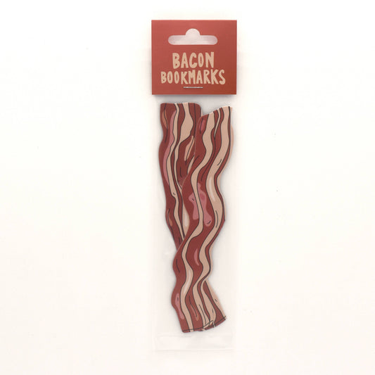 Bacon-shaped bookmarks with packaging labeled 'Bacon Bookmarks' on a white background
