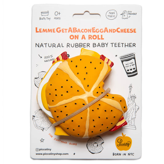 Baby teether packaging with cartoon design on a white background