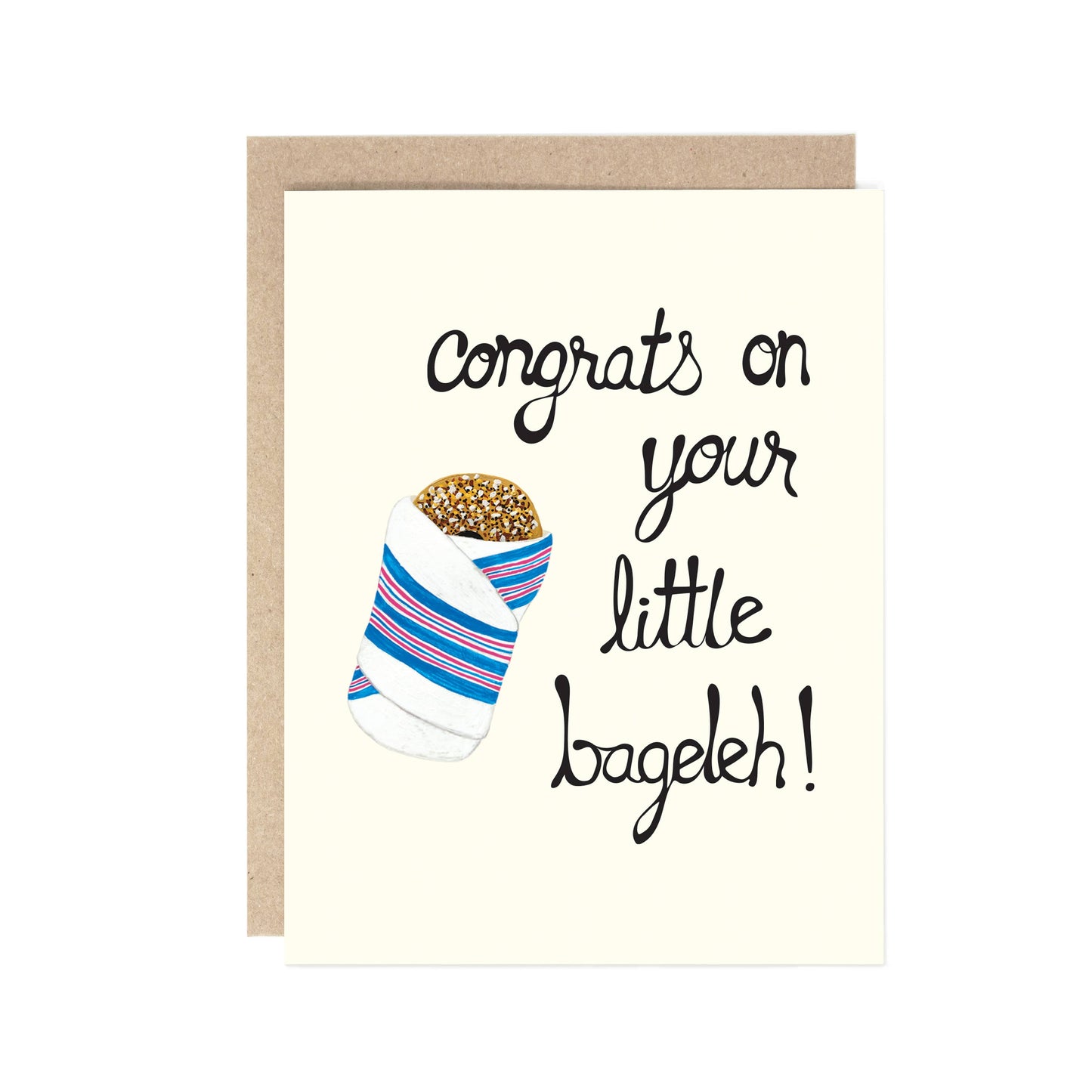 Card that reads "Congrats on your little bageleh!" with a mini everything bagel wrapped in a swaddle