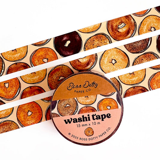 washi tape that features a repeating pattern of bagels and cream cheese