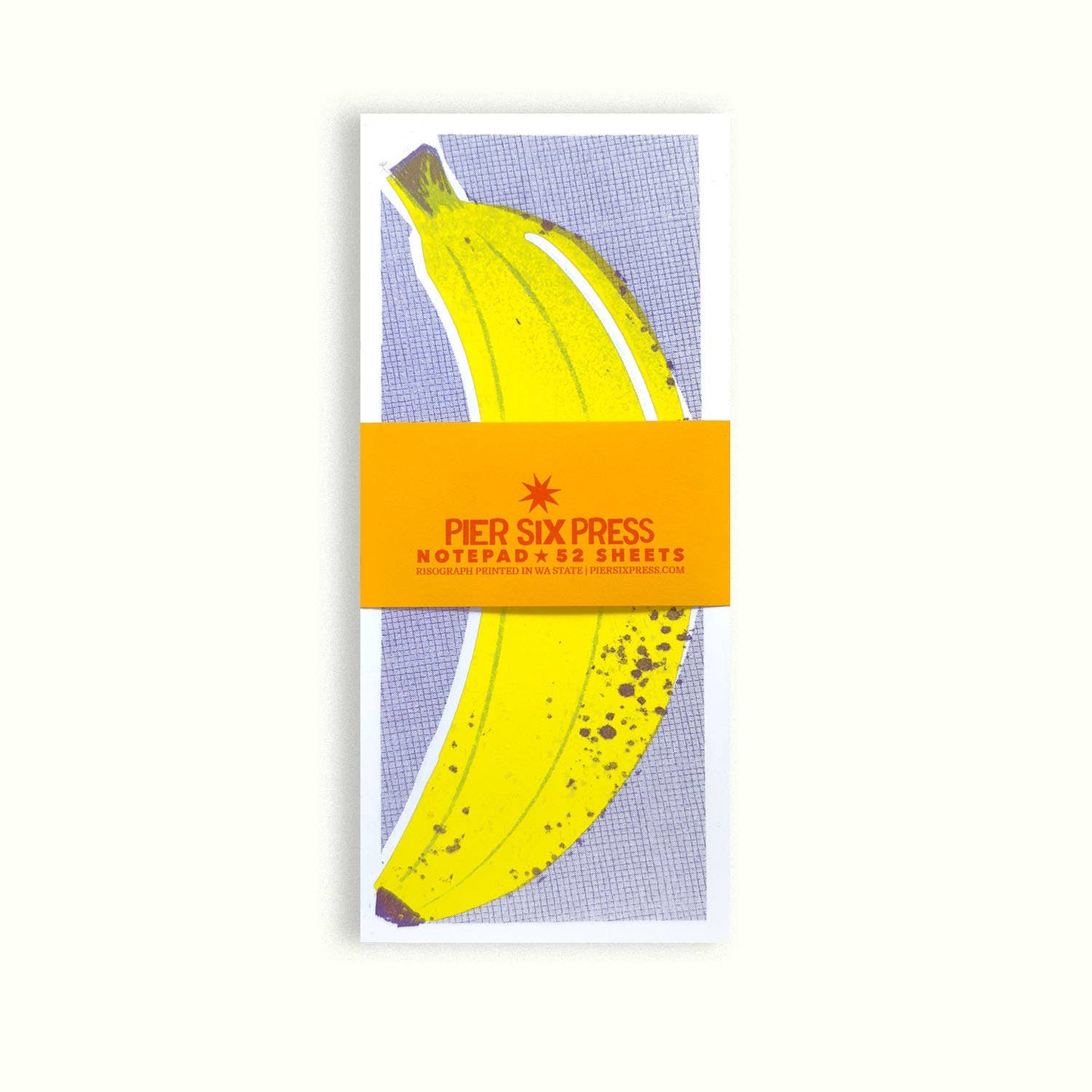 Notepad with a banana design and 'Pier Six Press' branding on a white background