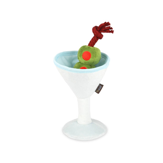 Plush dog toy resembling a martini cocktail with green olives on a white background