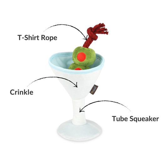 Diagram of a dog toy with labeled parts on a white background