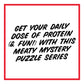 Text promoting a meaty mystery puzzle series with a red border on a white background