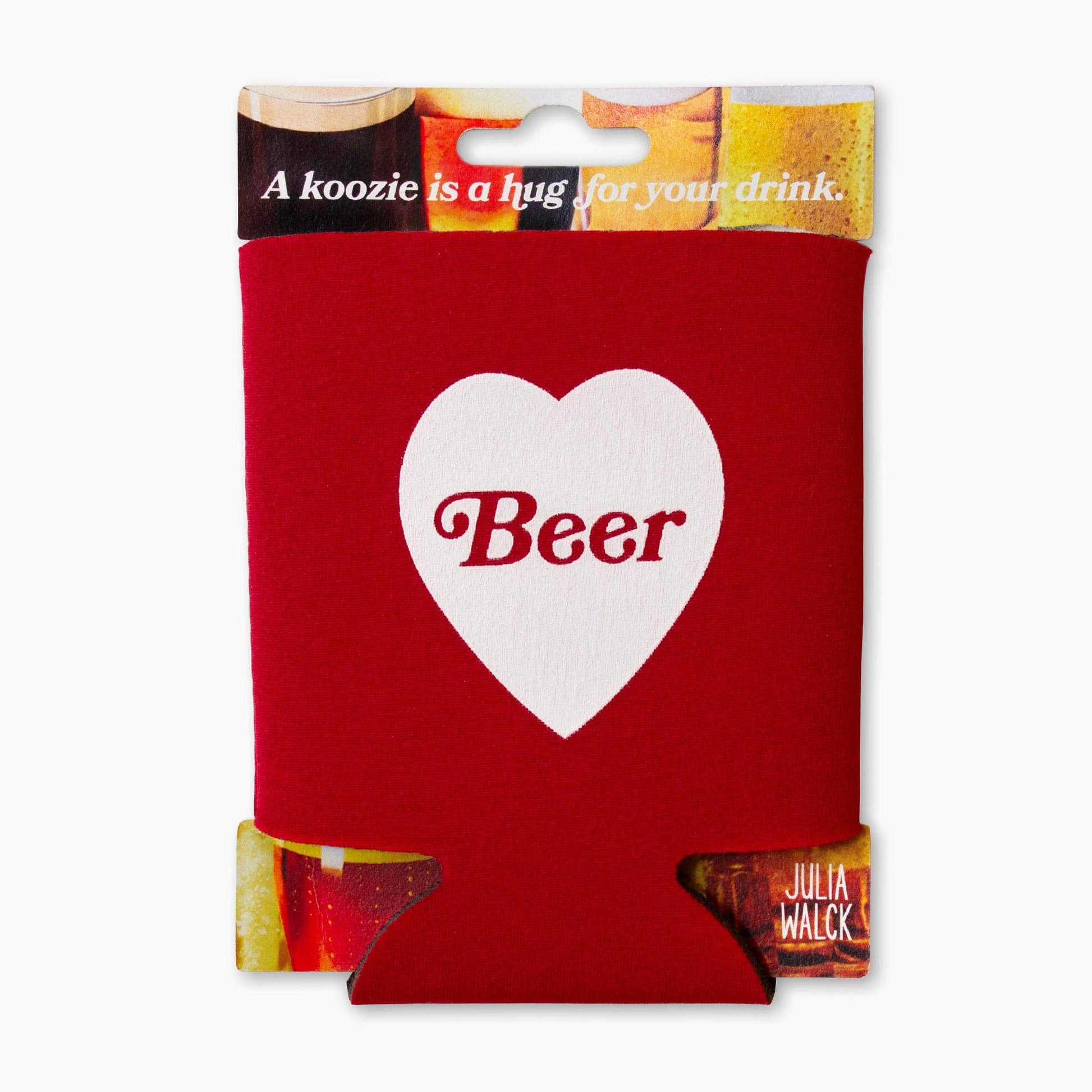 Red can cooler with a white heart and 'Beer' text, featuring Julia Walck branding.
