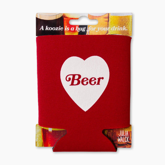 Red can cooler with a white heart and 'Beer' text, featuring Julia Walck branding.