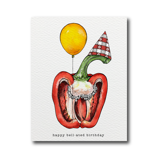 Belated birthday card with an illustration of a bell pepper cut in half wearing a paper birthday hat and a yellow balloon 