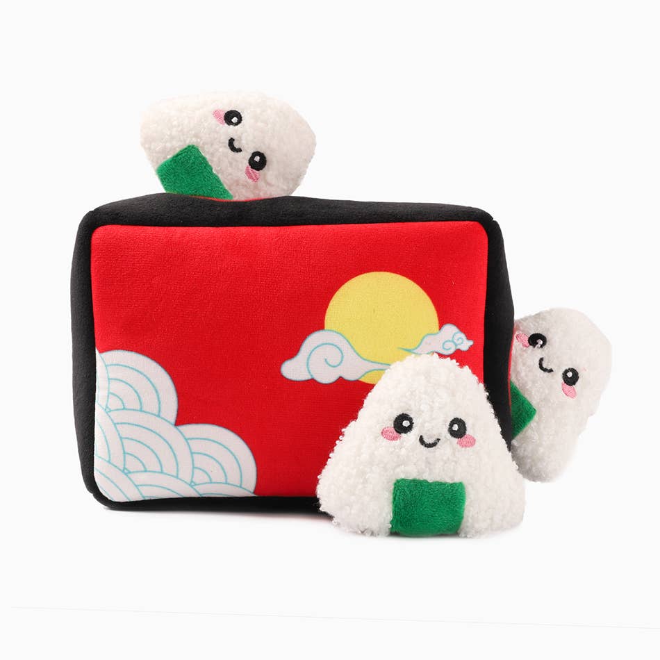 Plush toy resembling a bento box with 3 piece onigiri on a white background.