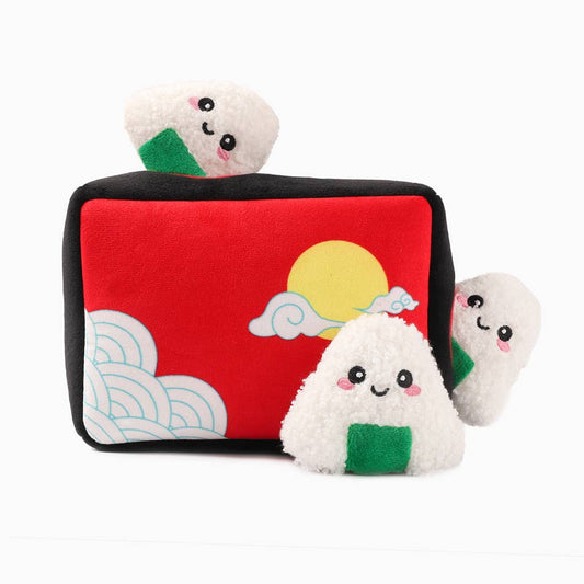 Plush toy resembling a bento box with 3 piece onigiri on a white background.