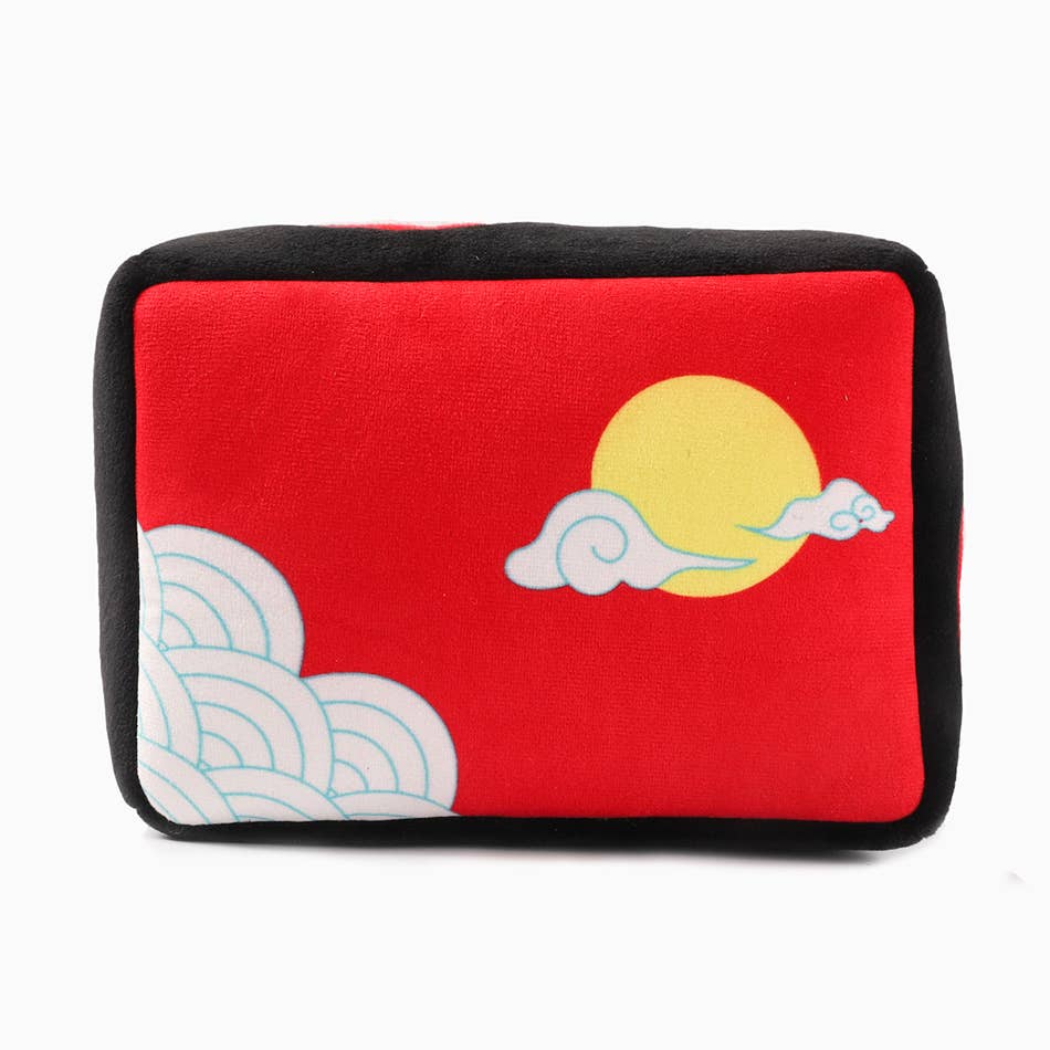 Rectangular pouch with red background, yellow sun, white cloud, and black border on a white background